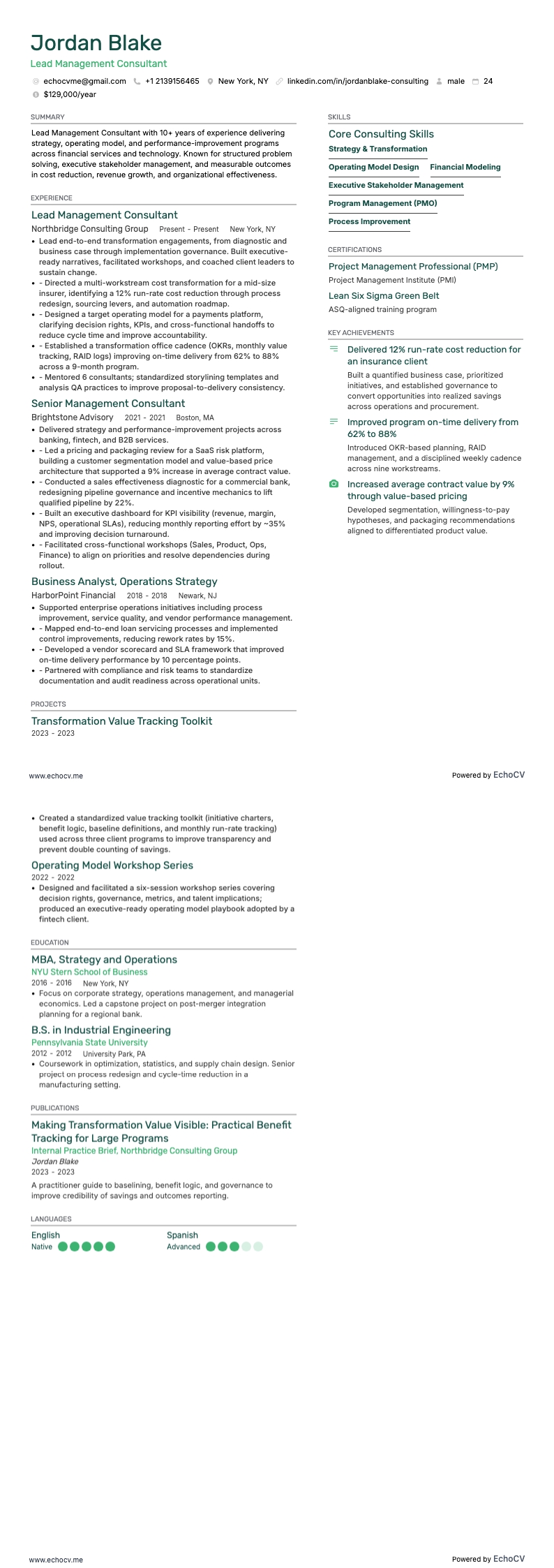 Consultor de gestão resume example