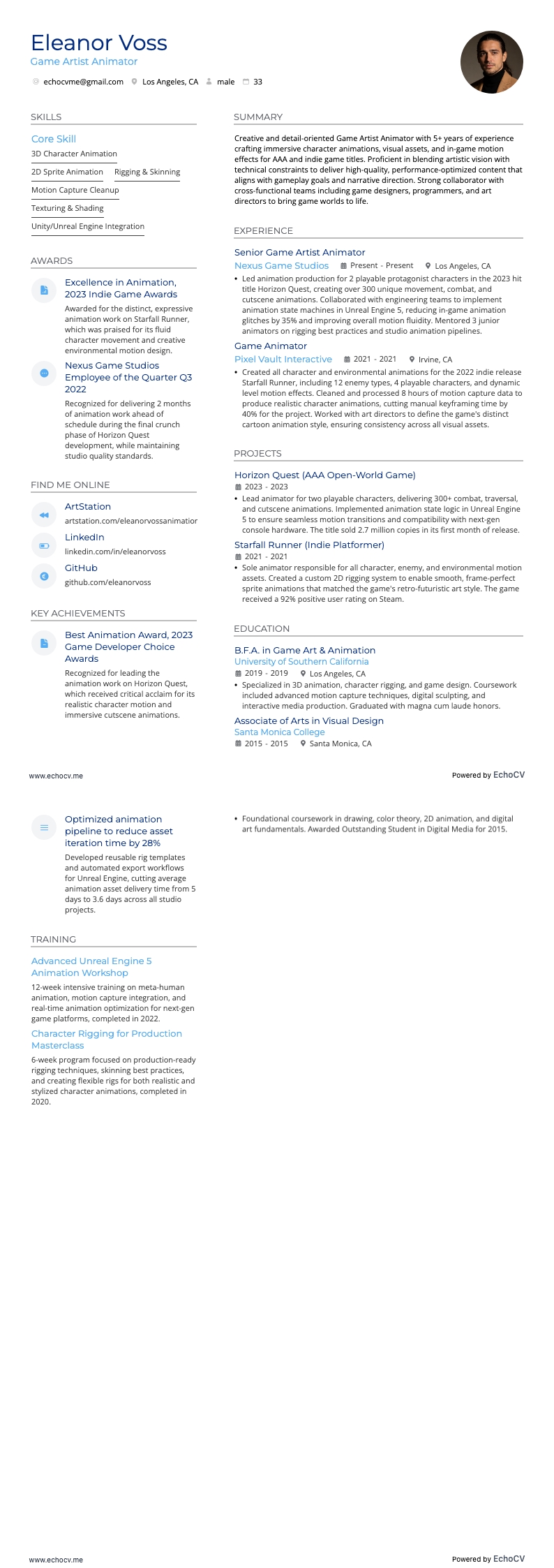 Animator resume example