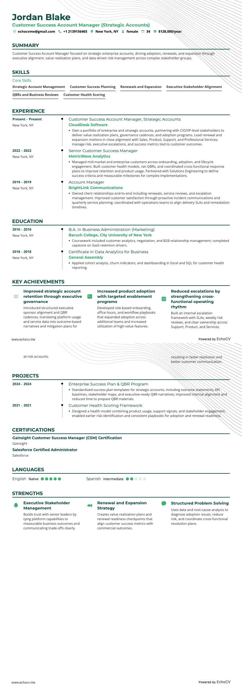 Gerente de contas de sucesso do cliente example resume