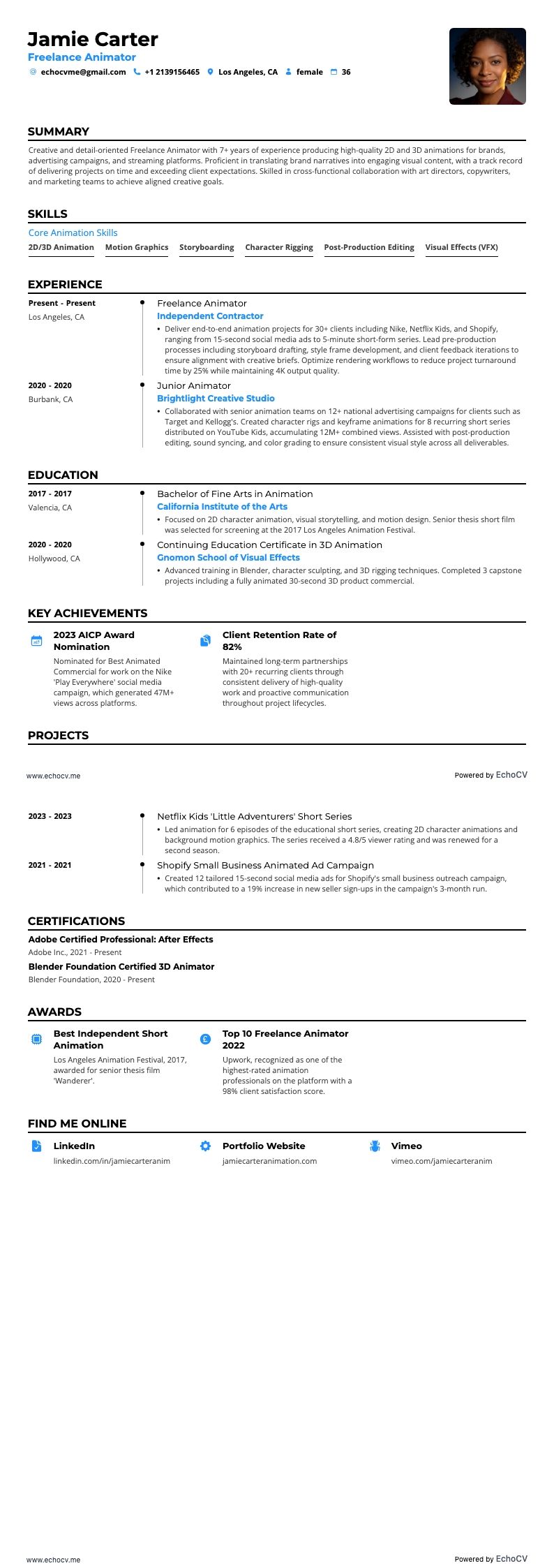 Freelance Animator example resume