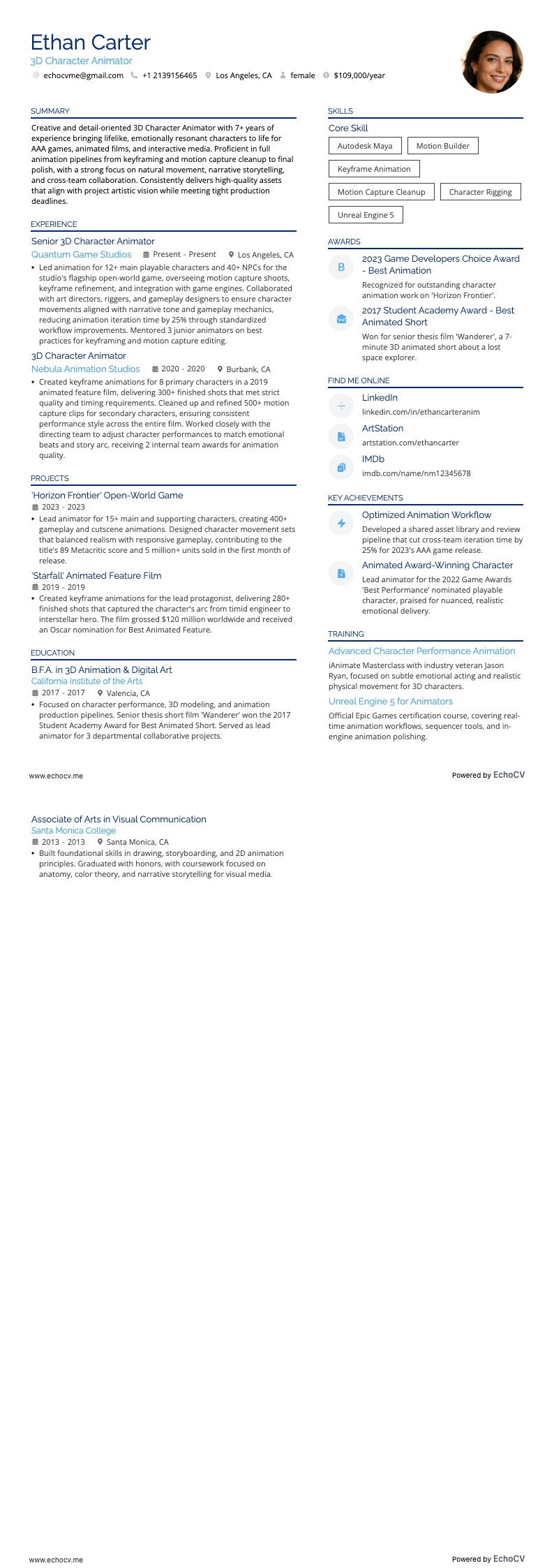 3D Character Animator example resume