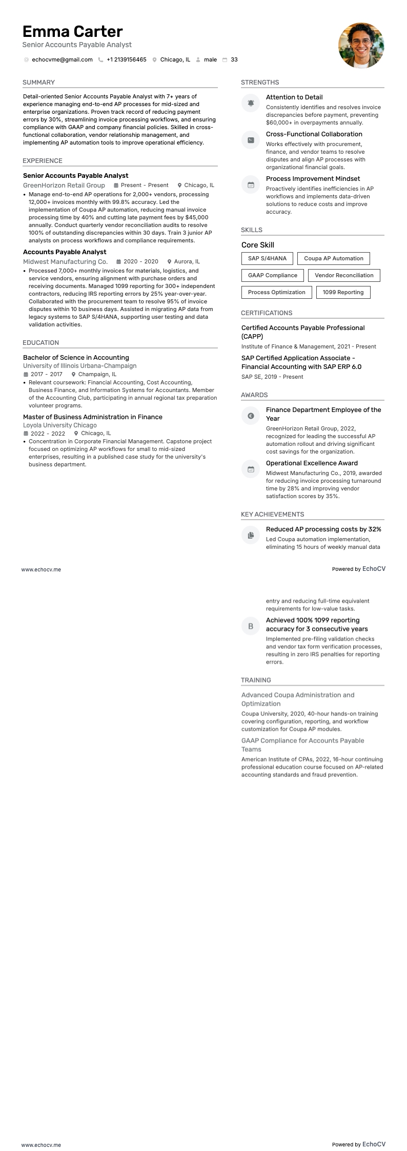 Contas a pagar resume example