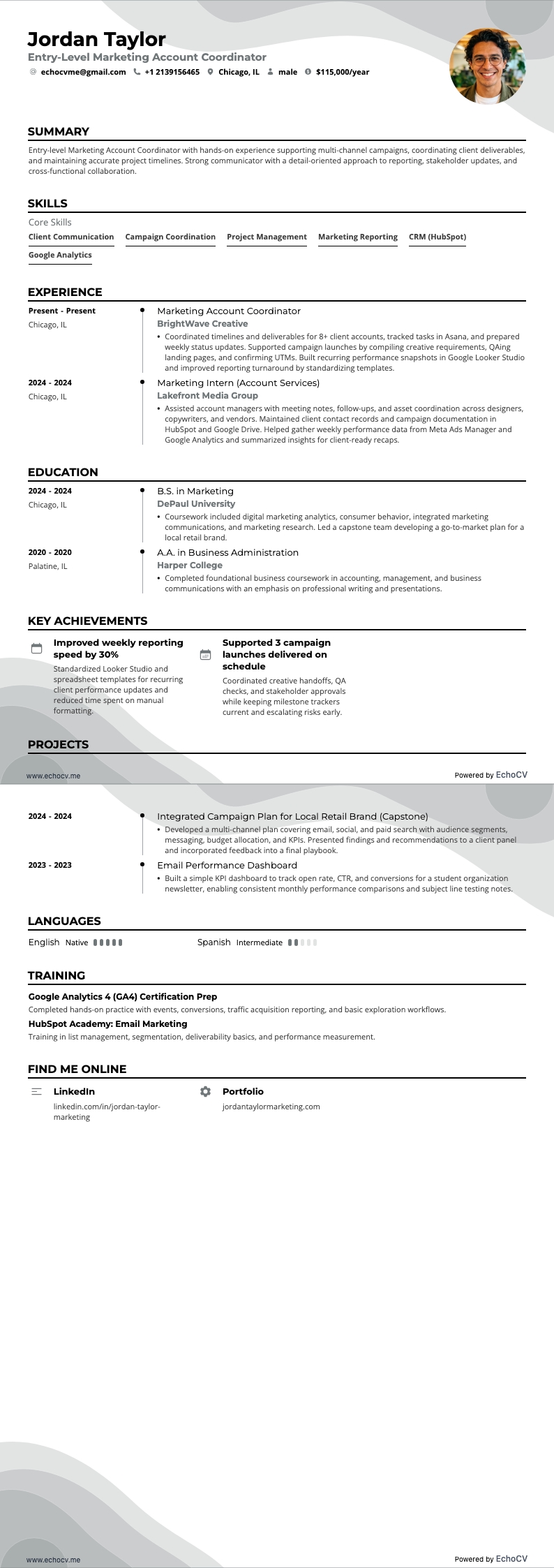Entry-Level Marketing Account Coordinator example resume