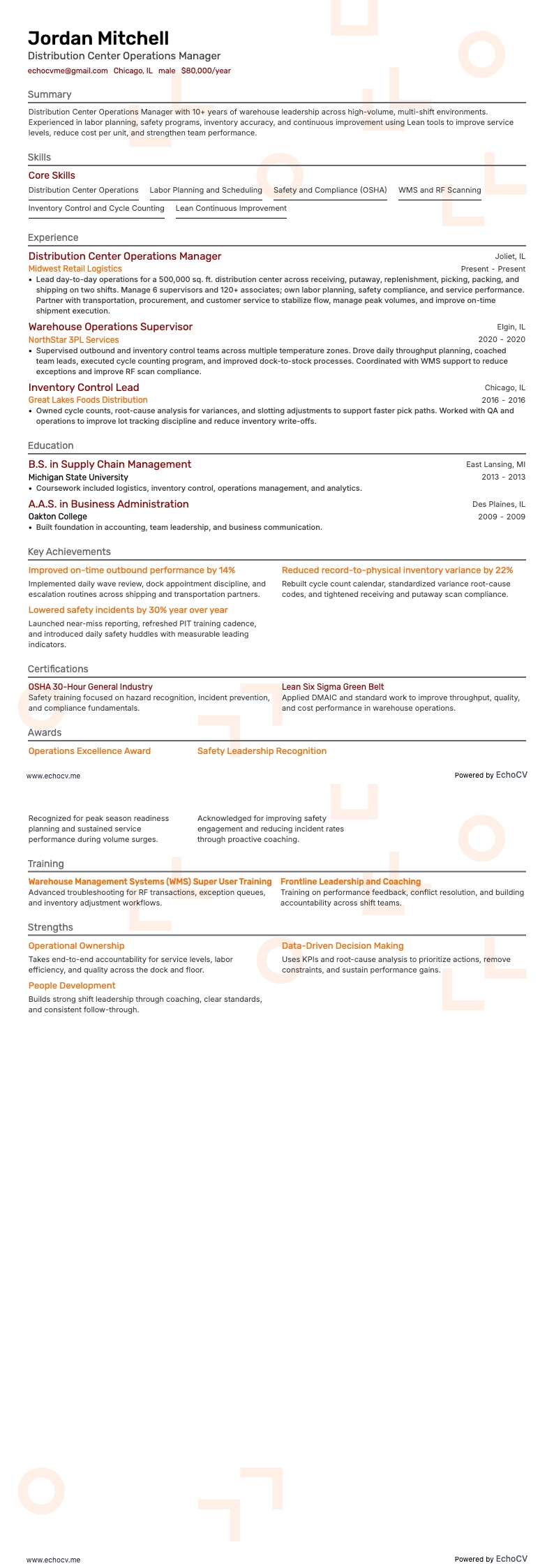 Distribution Center Operations Manager example resume