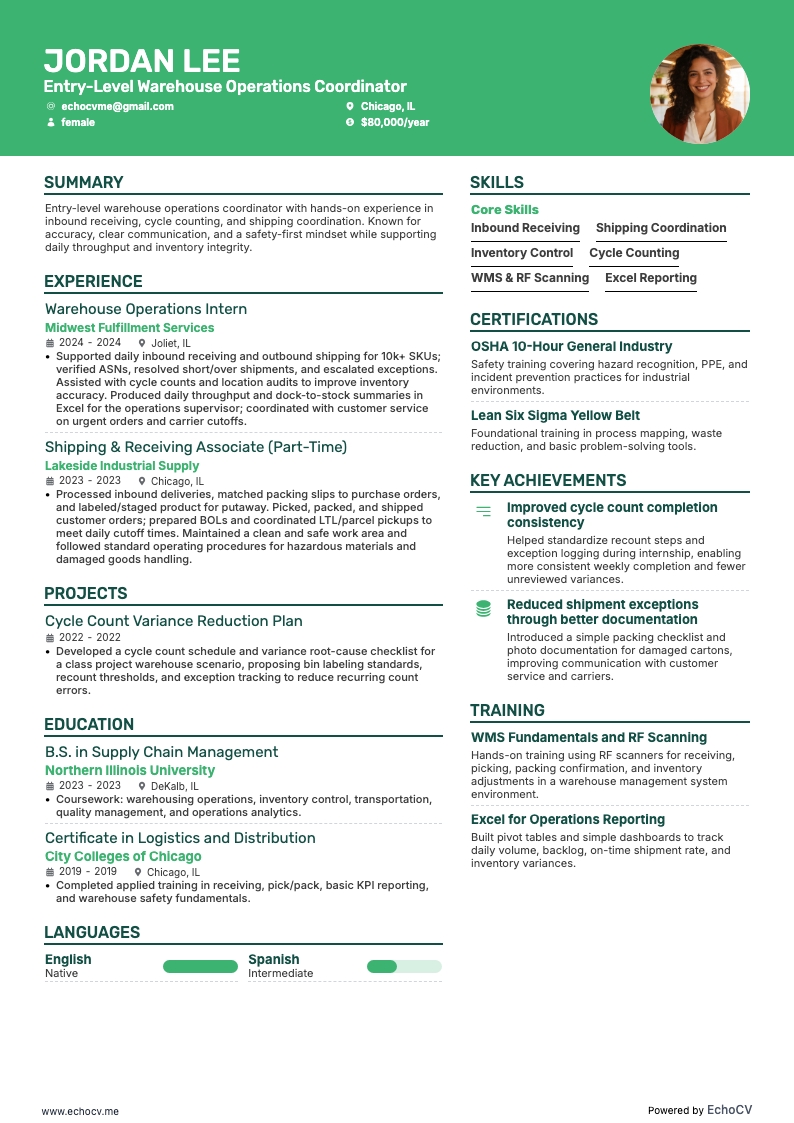 Entry-Level Warehouse Operations Coordinator example resume