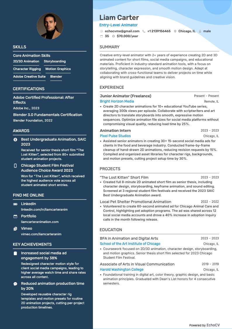 Entry-Level Animator example resume
