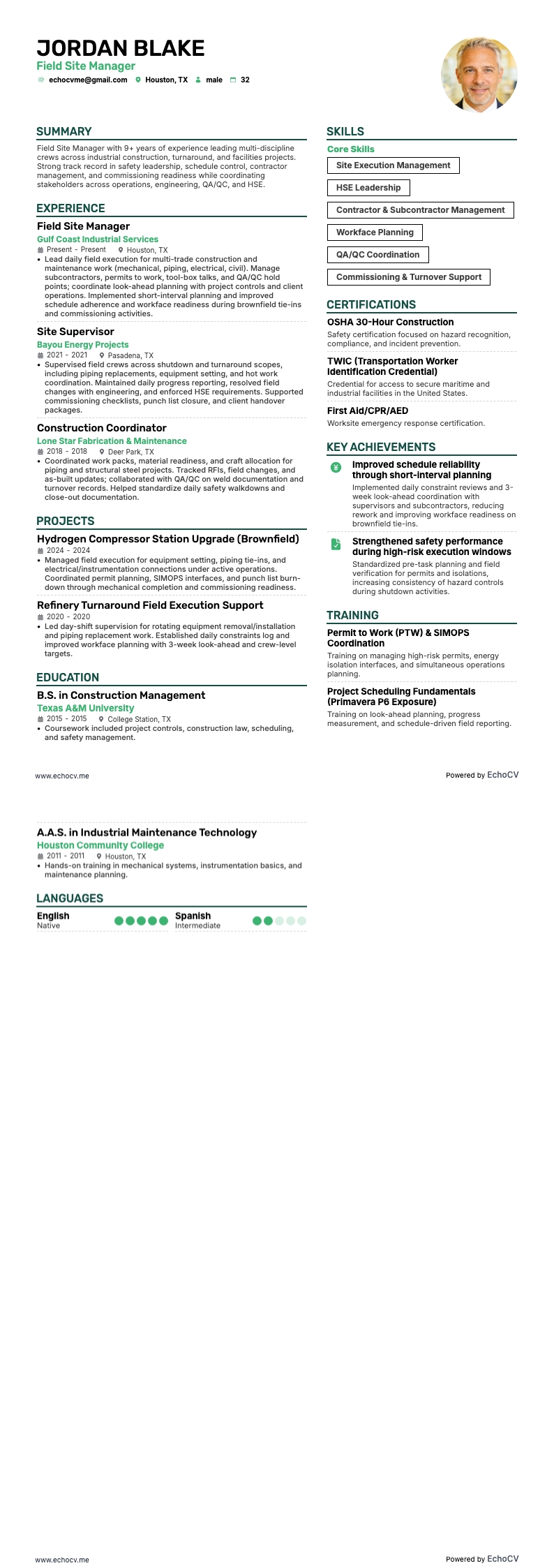 Field Site Manager example resume