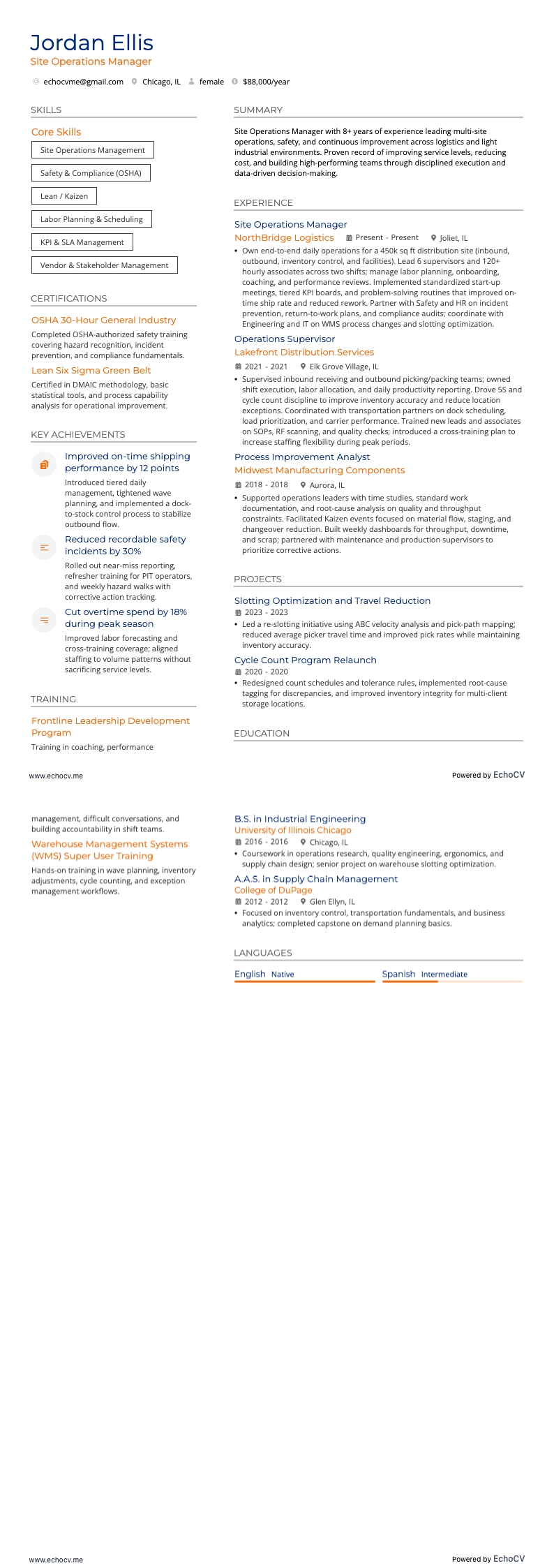 Site Operations Manager example resume