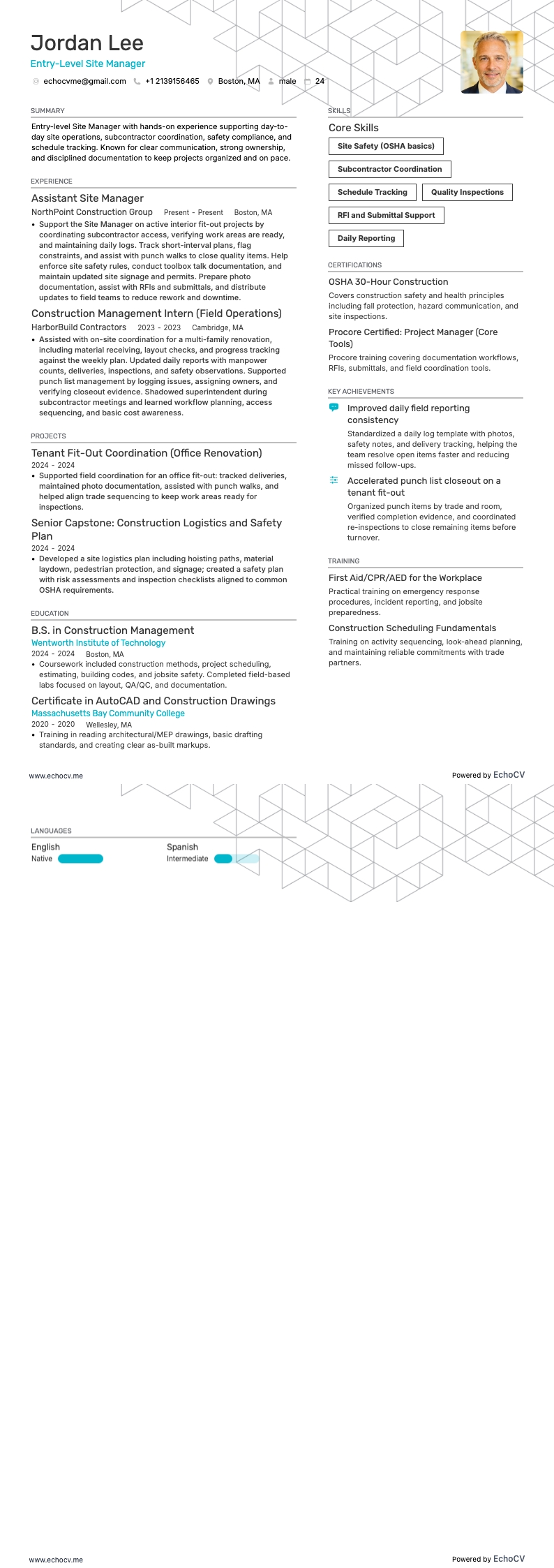 Entry-Level Site Manager example resume