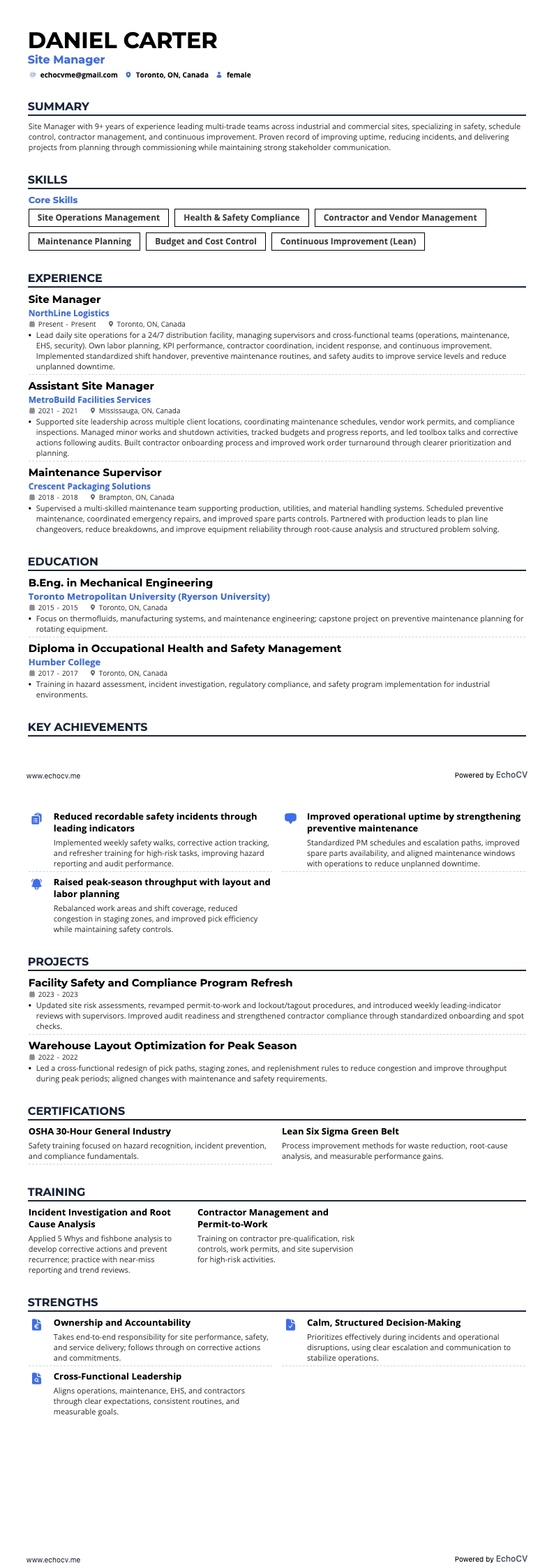 Site Manager example resume