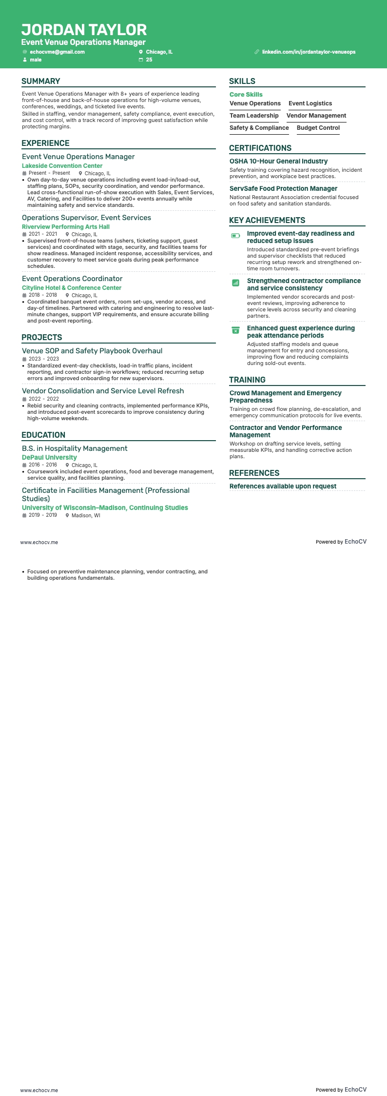 Event Venue Operations Manager example resume