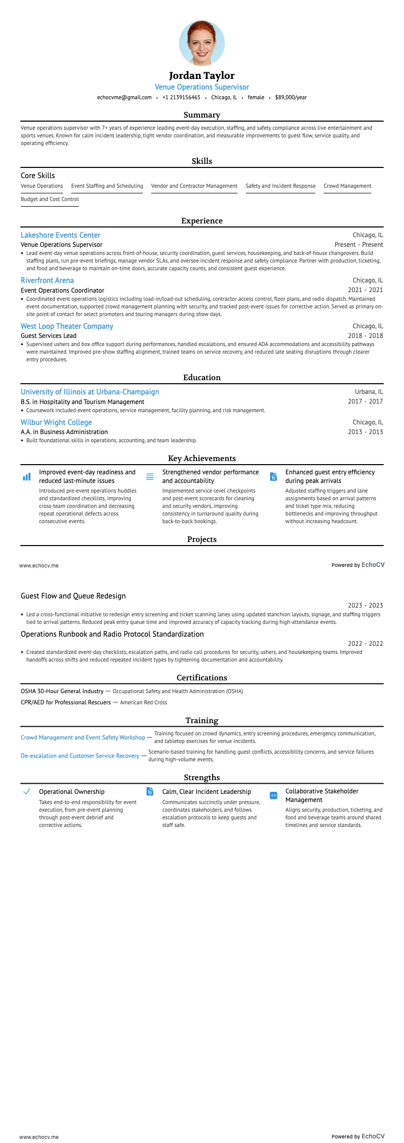 Venue Operations Supervisor example resume