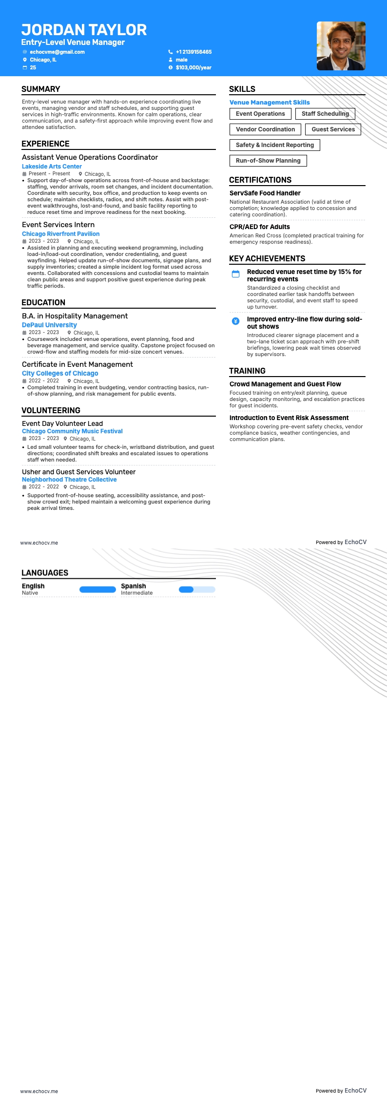 Entry-Level Venue Manager example resume