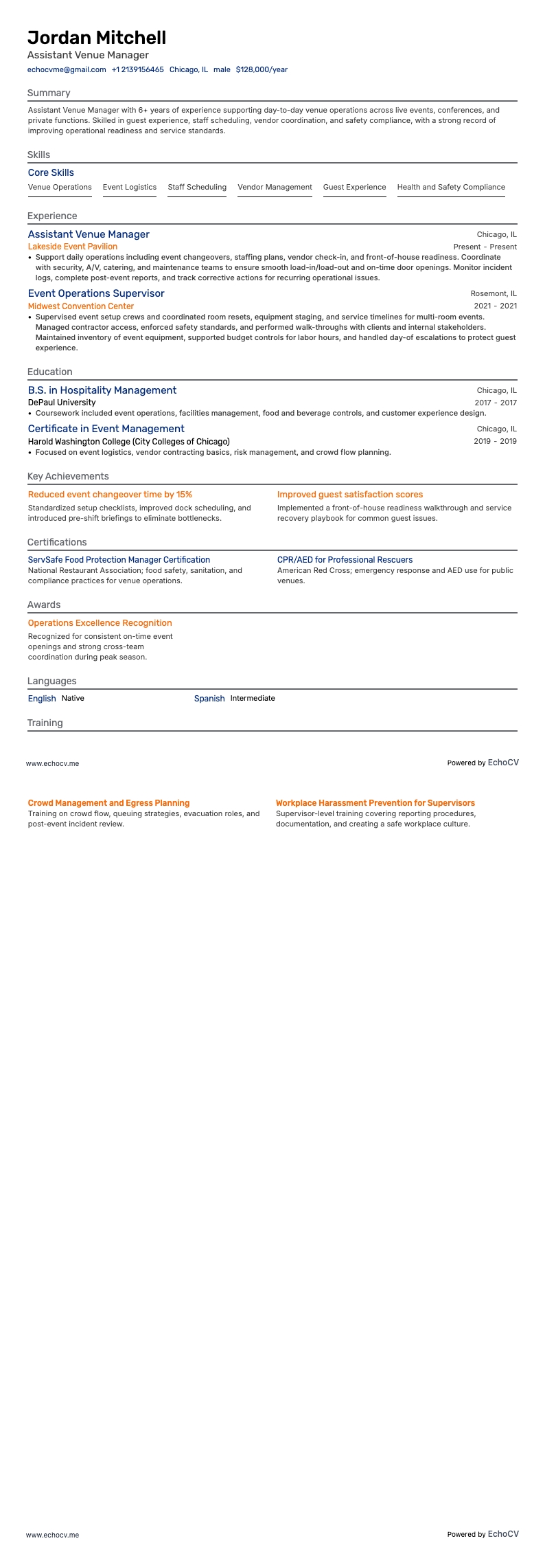 Assistant Venue Manager example resume