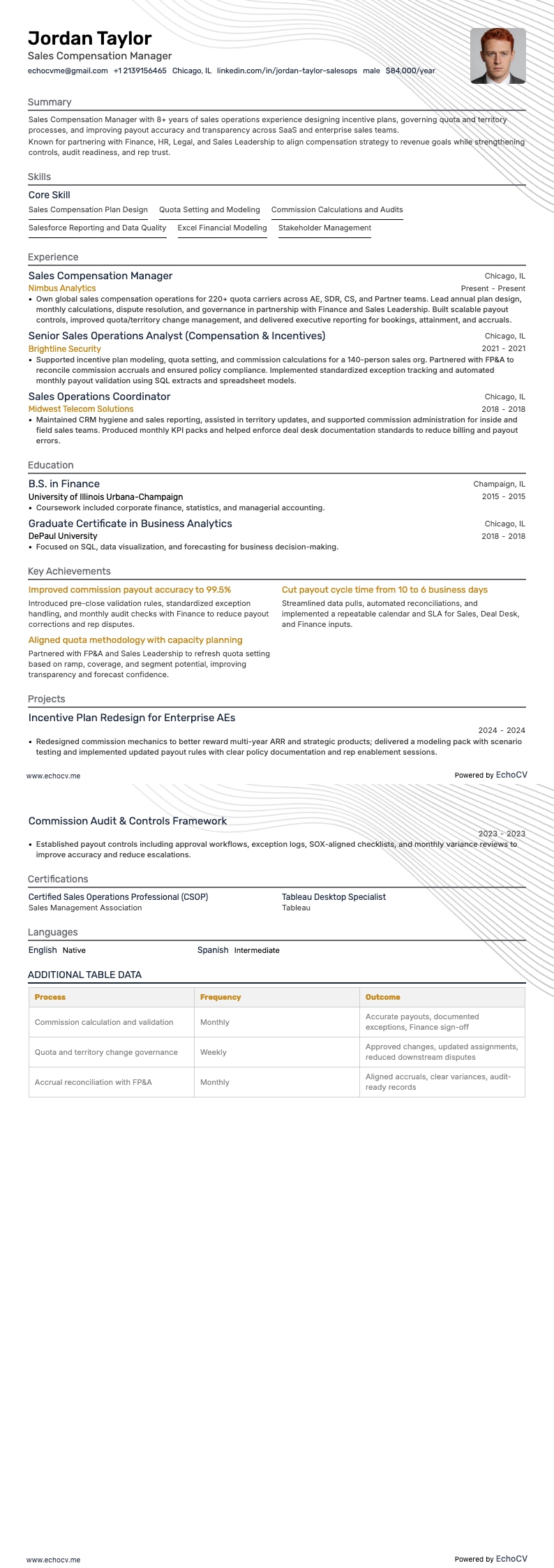 Sales Compensation Manager example resume
