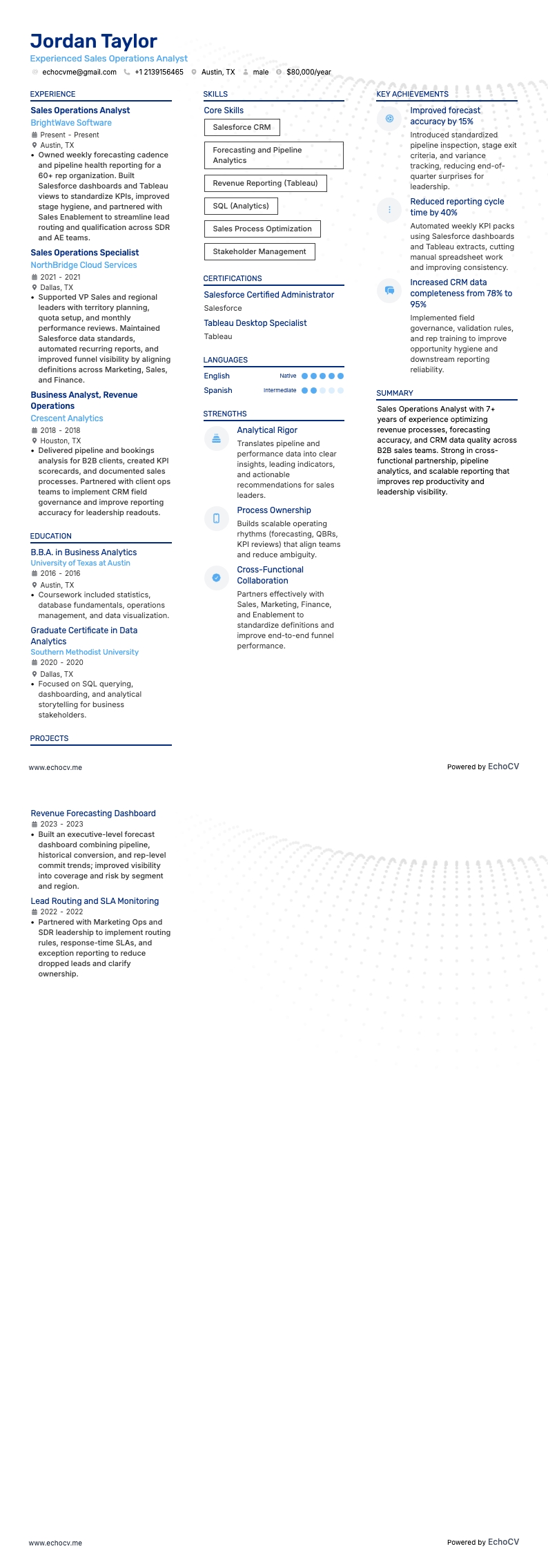 Experienced Sales Operations Analyst example resume