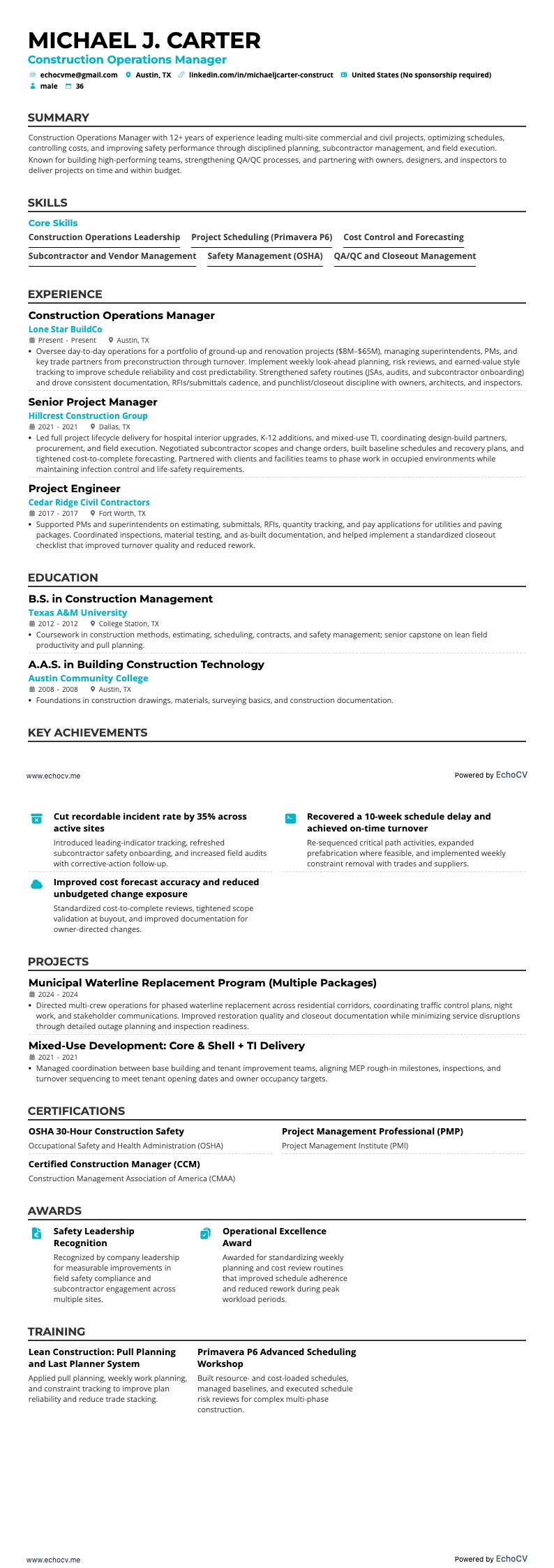 Bauleiter Betrieb example resume