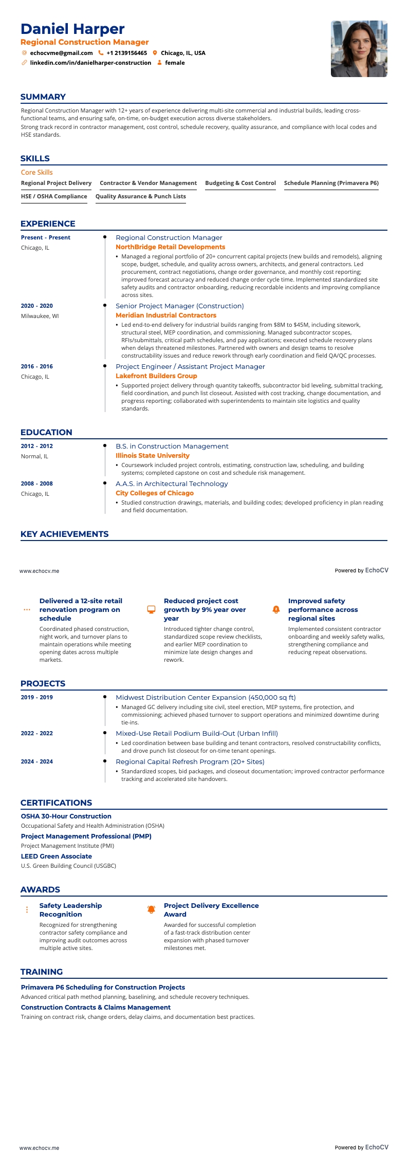 Regionaler Bauleiter example resume