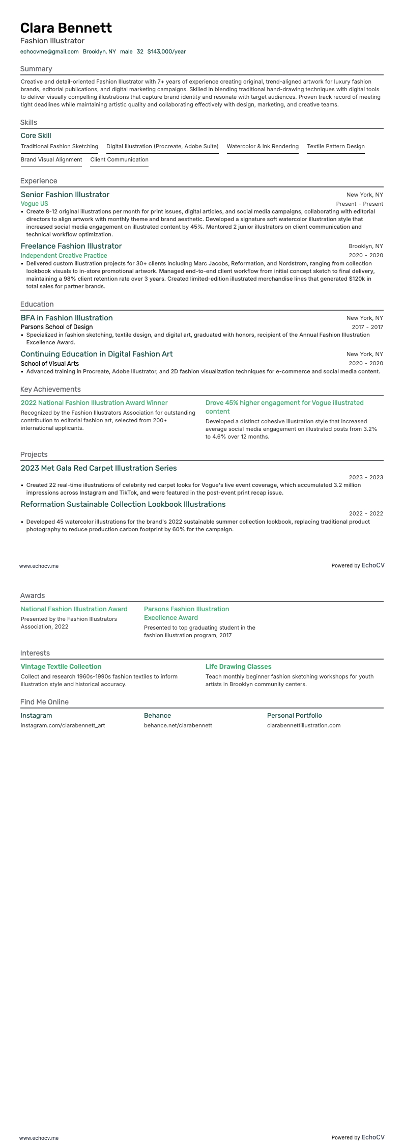 Fashion Illustrator example resume