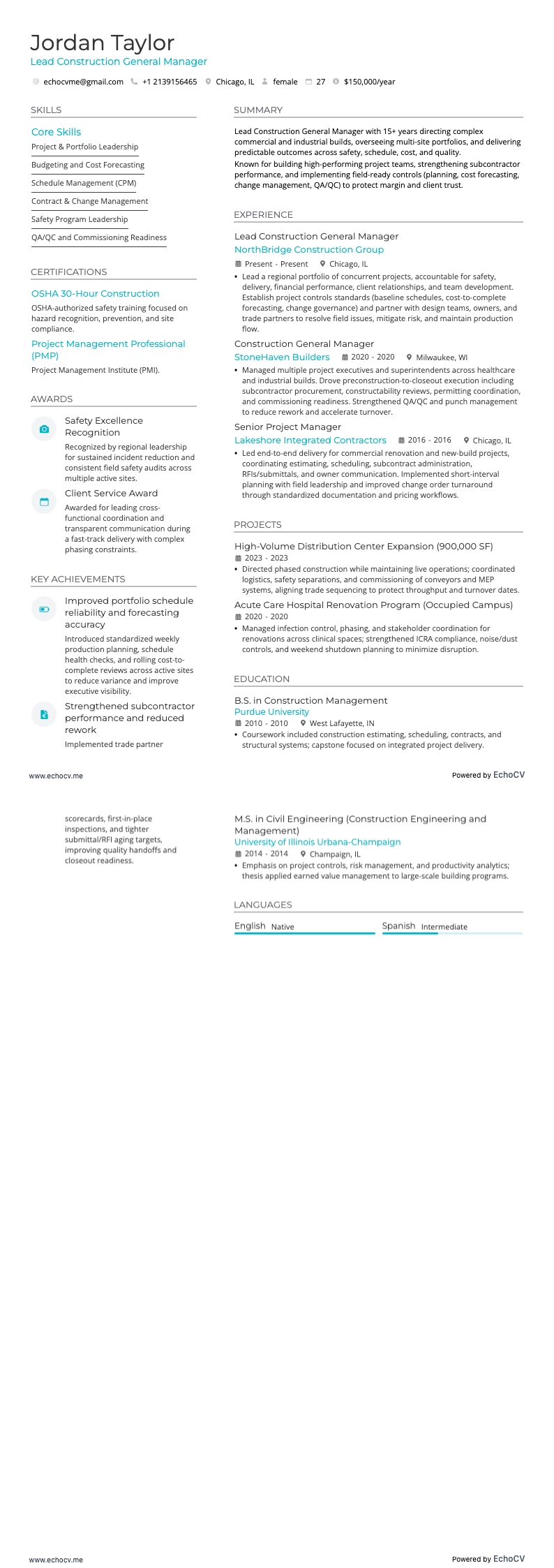 Bau-Geschäftsführer resume example