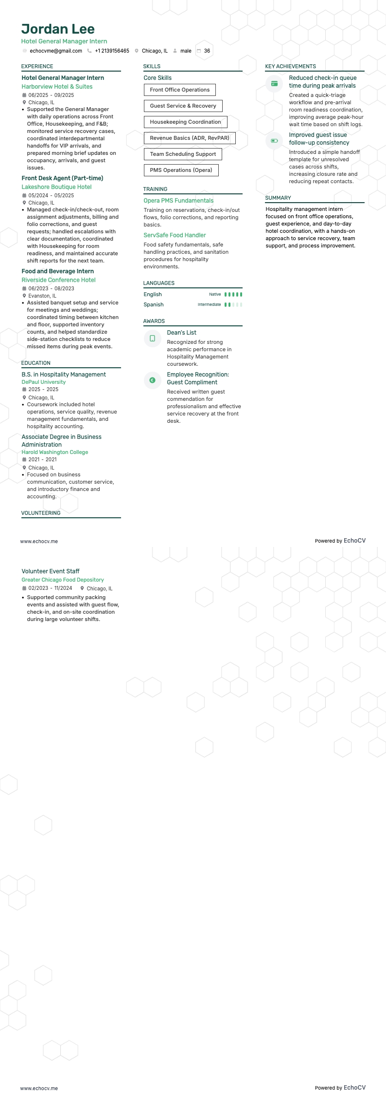 Hotel General Manager Intern example resume