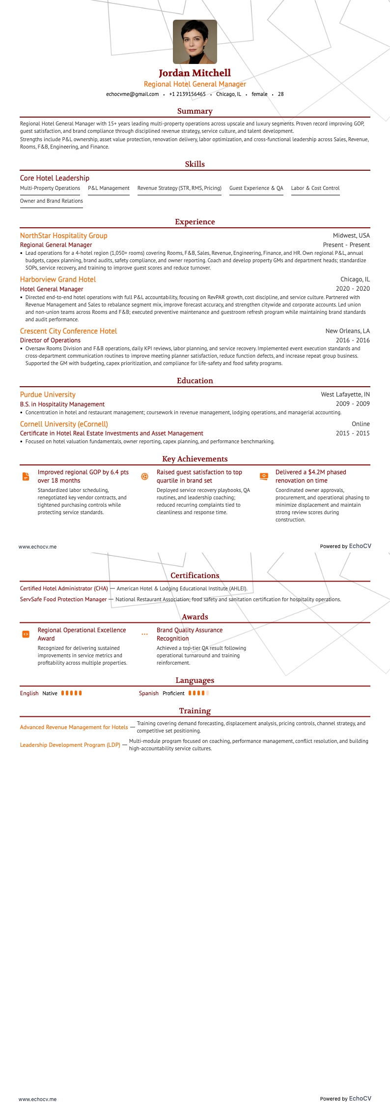 Regional Hotel General Manager example resume