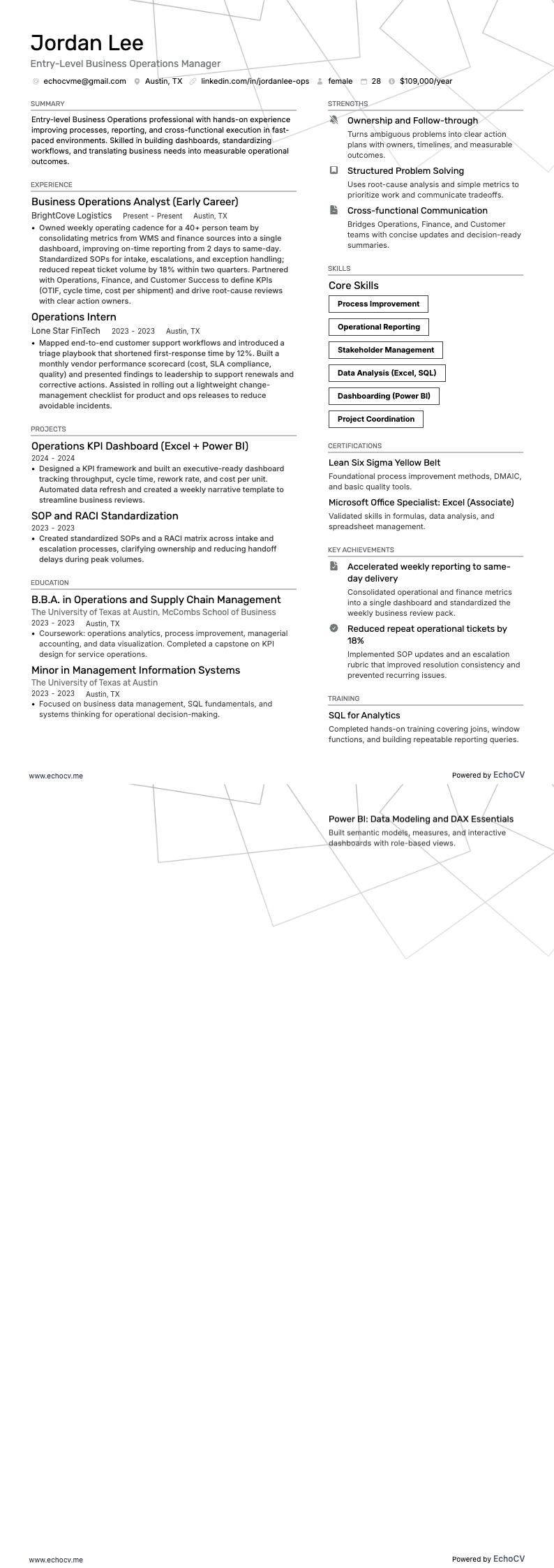 신입 비즈니스 운영 관리자 resume example