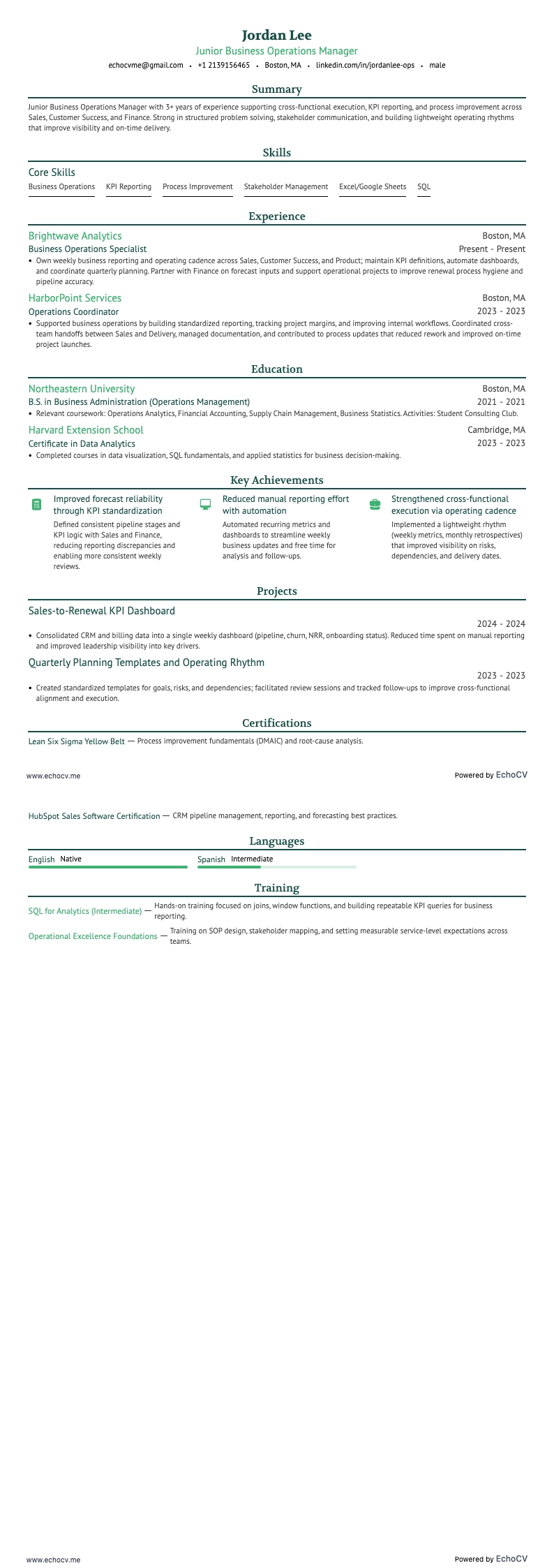 주니어 비즈니스 운영 매니저 example resume