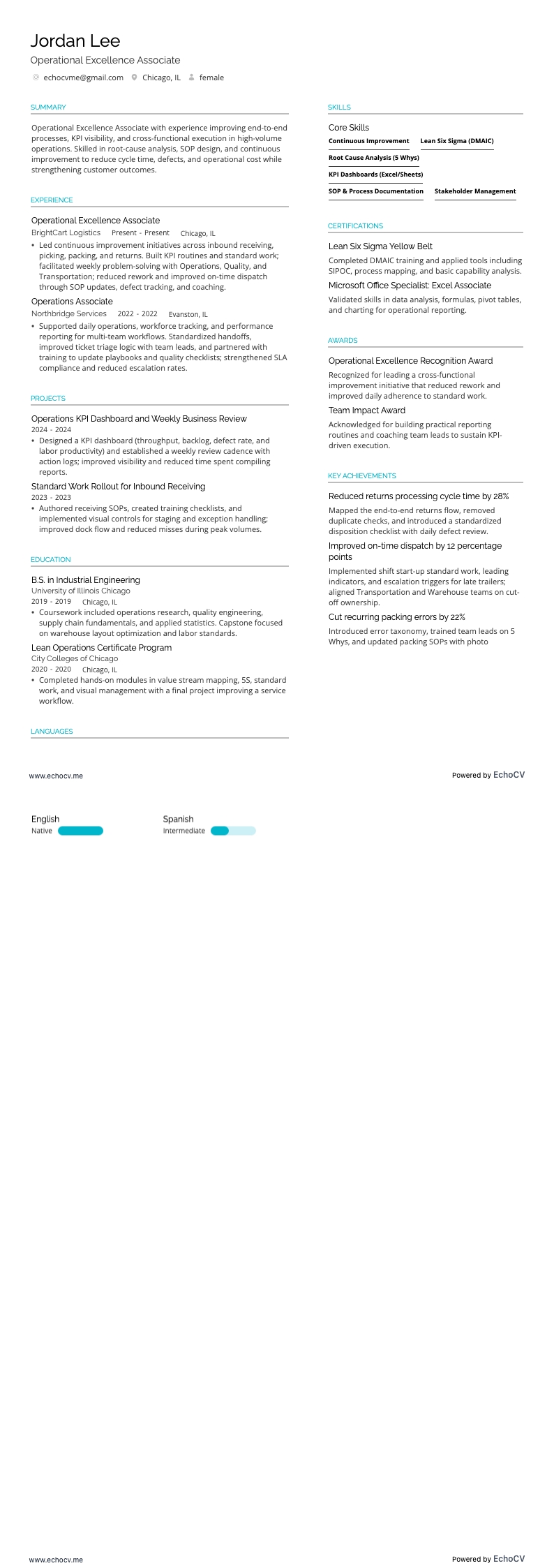 Asociado de Excelencia Operativa example resume