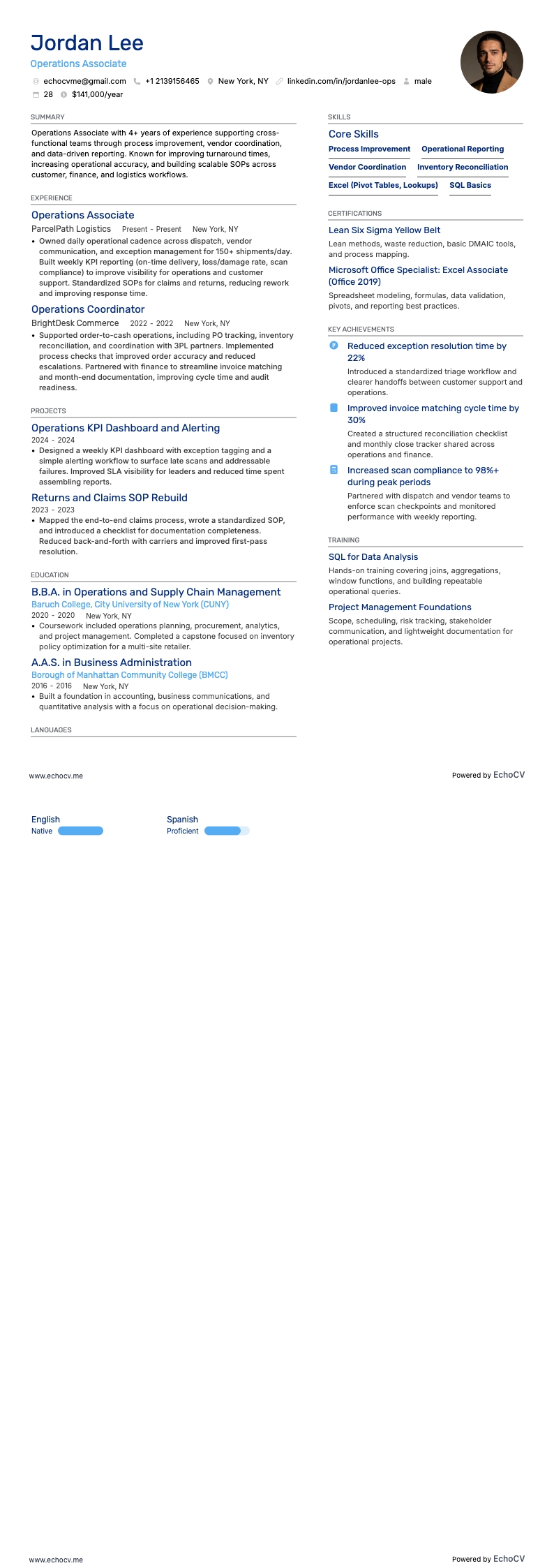 Asociado de Operaciones example resume