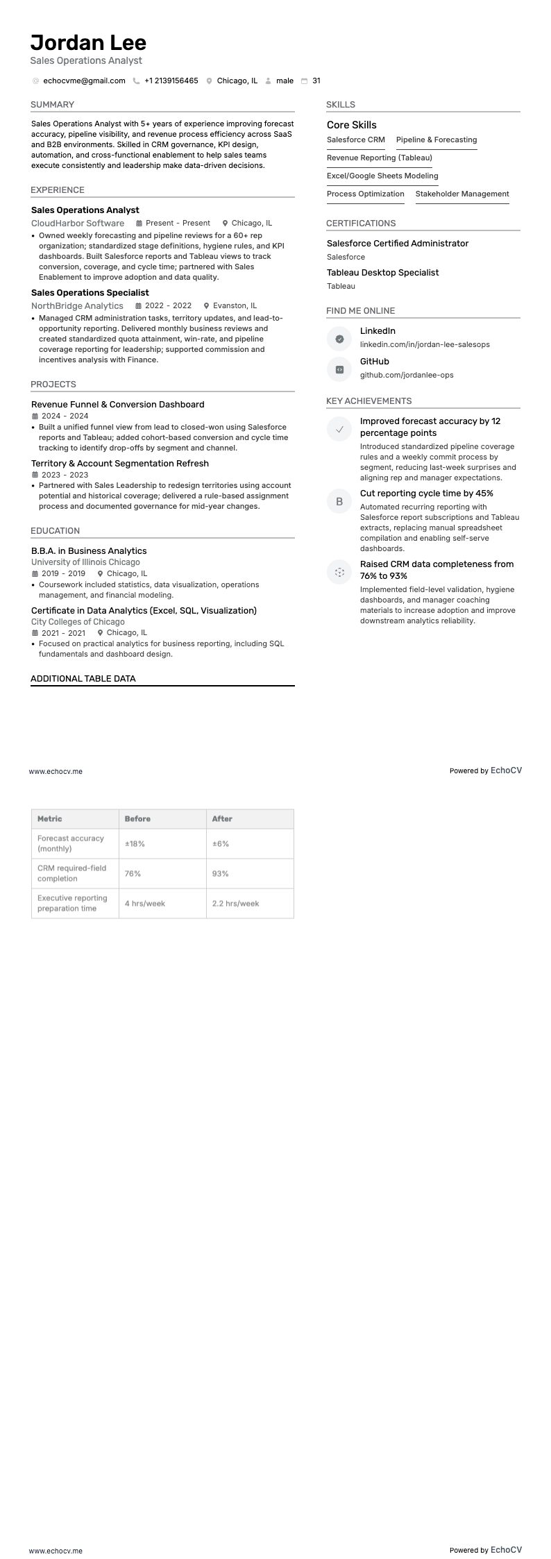 Sales Operations Analyst example resume