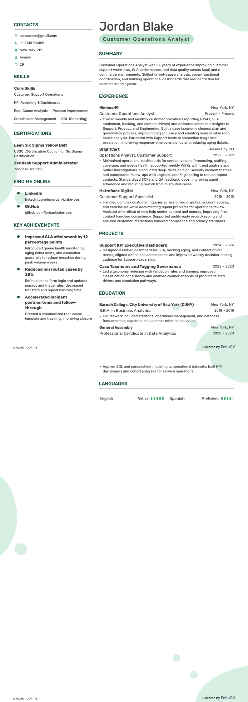 Customer Operations Analyst example resume