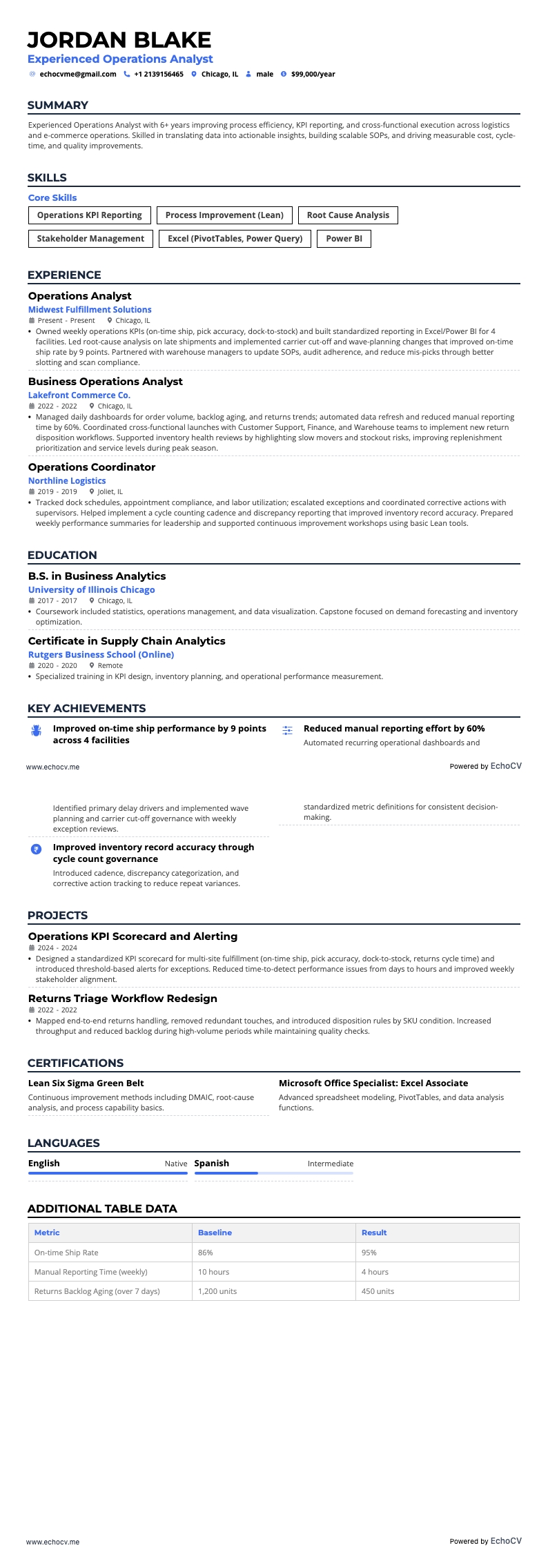 Experienced Operations Analyst full preview