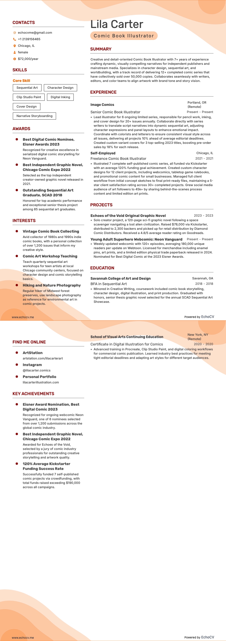 Comic Book Illustrator example resume