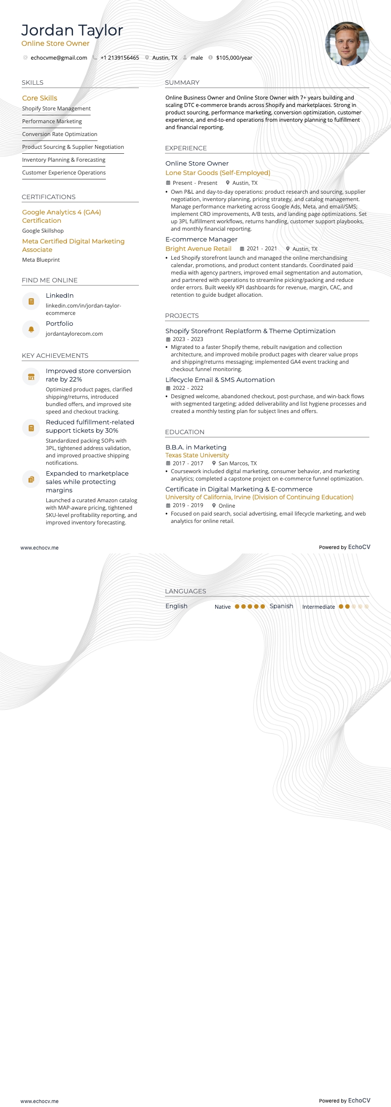 Online Store Owner example resume