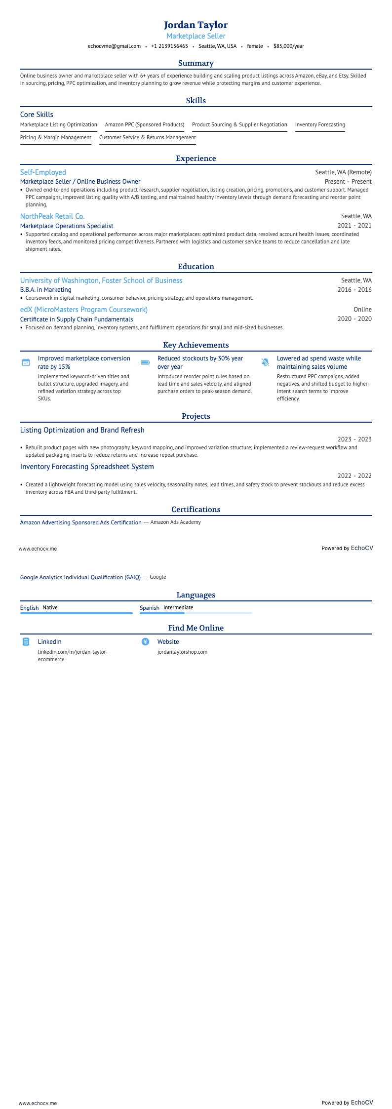 Marketplace Seller example resume