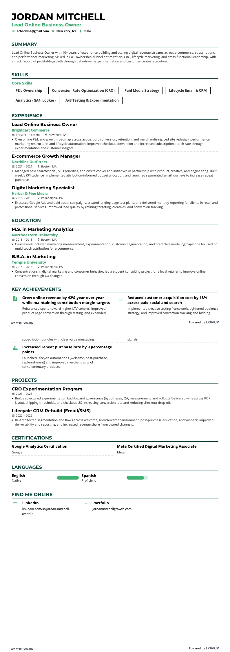 线上企业主 resume example