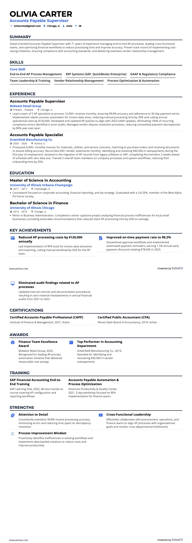 Supervisor de Contas a Pagar example resume