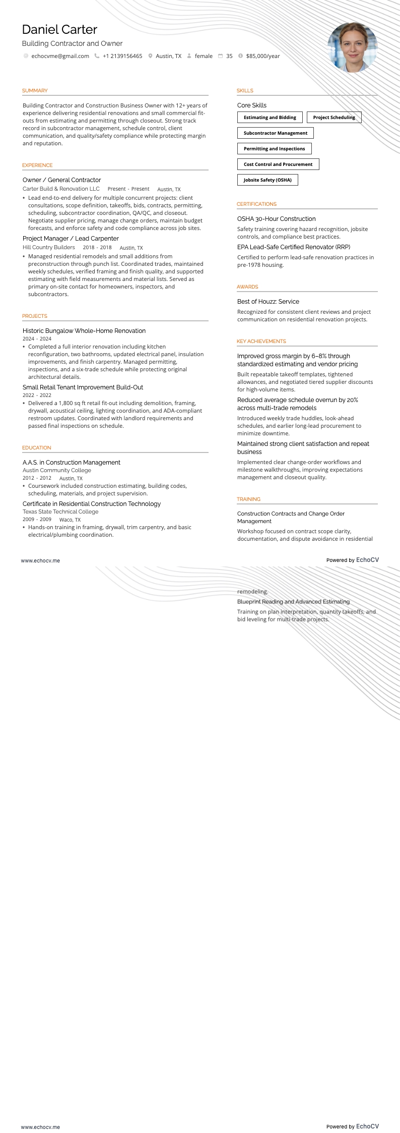 Building Contractor and Owner example resume