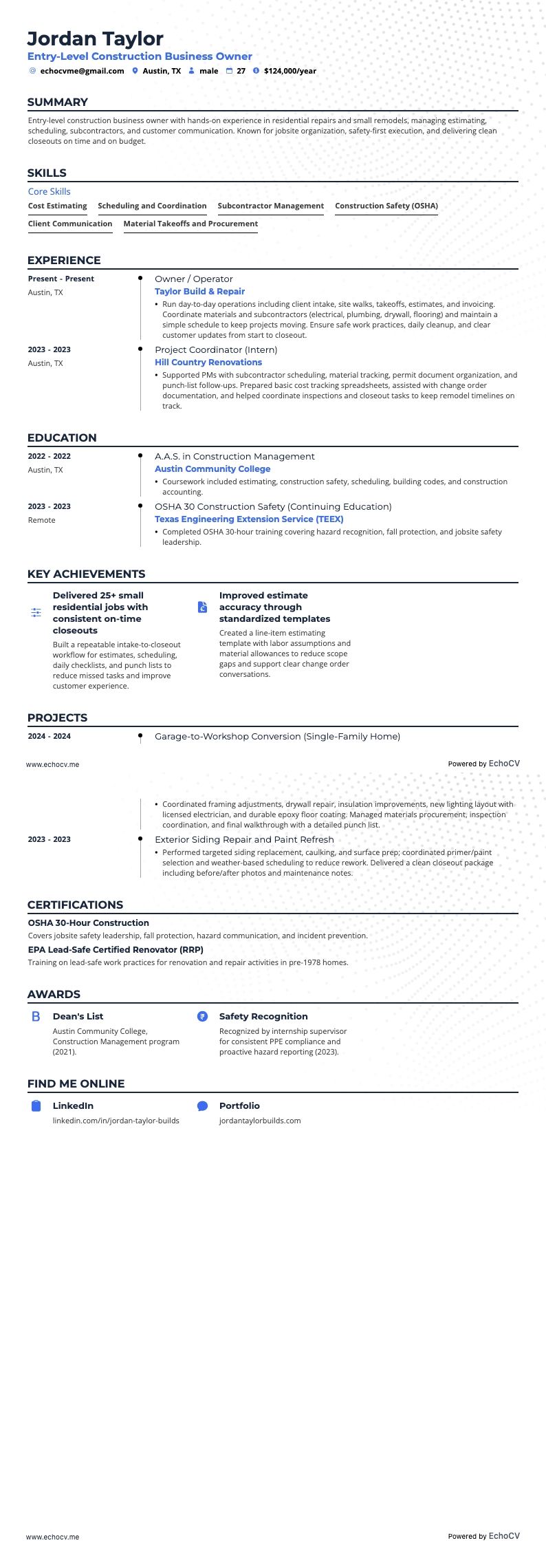 Entry-Level Construction Business Owner example resume
