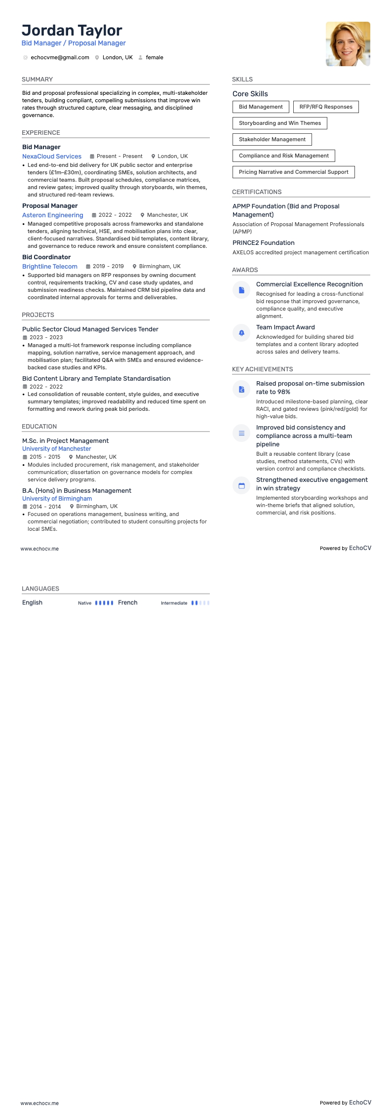 Bid Manager example resume
