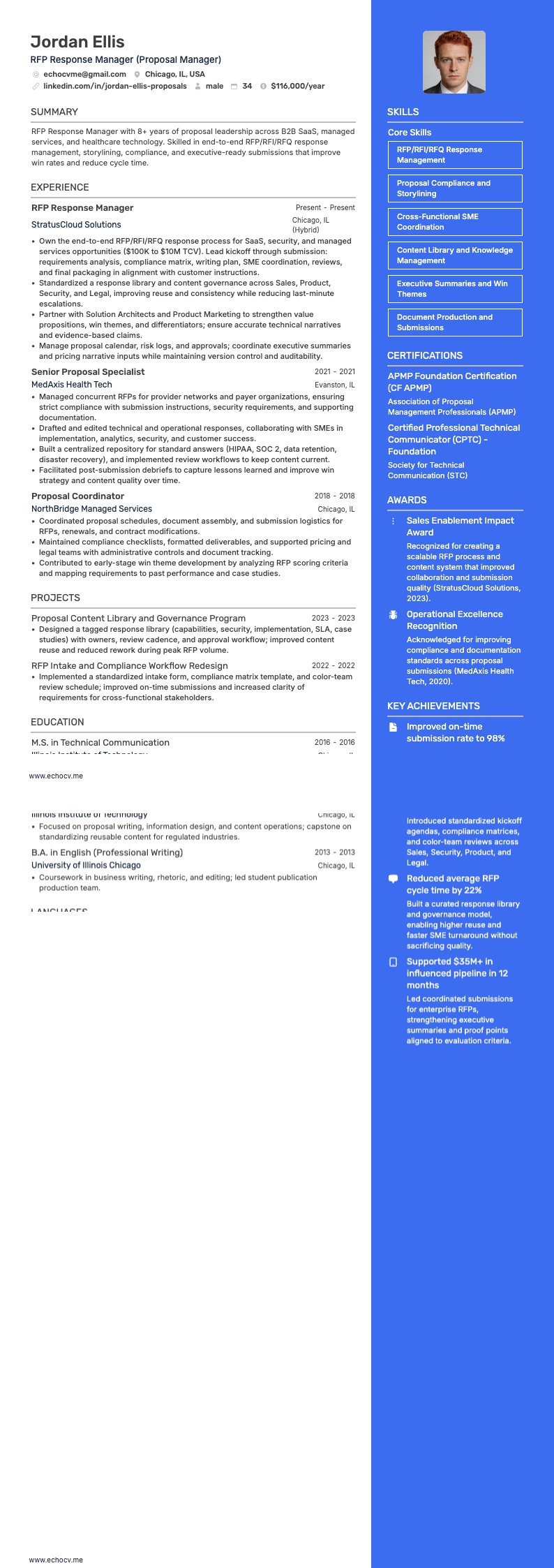 RFP Response Manager example resume