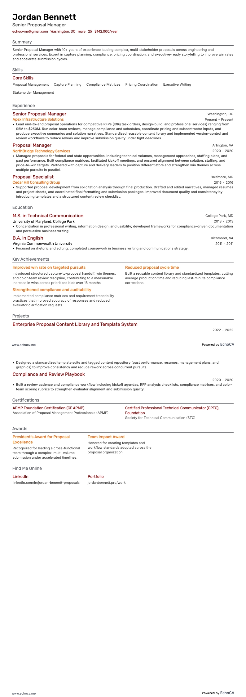 Senior Proposal Manager example resume