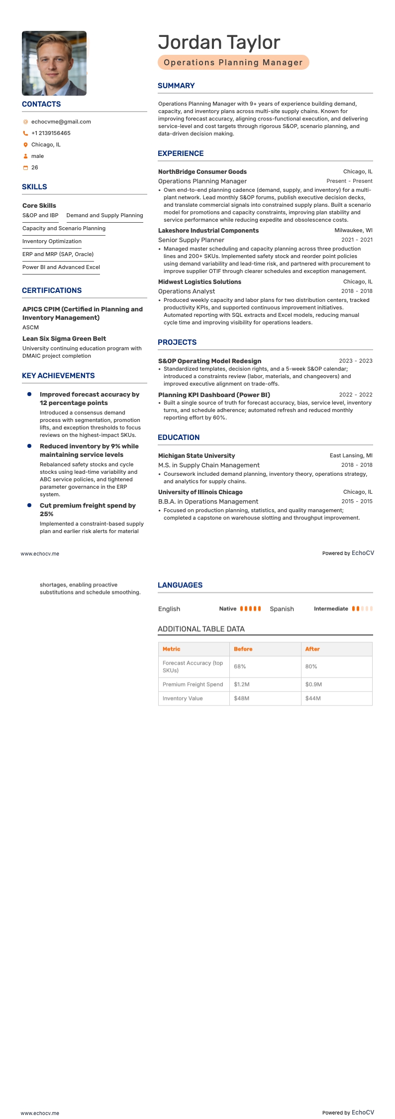 Operations Planning Manager example resume