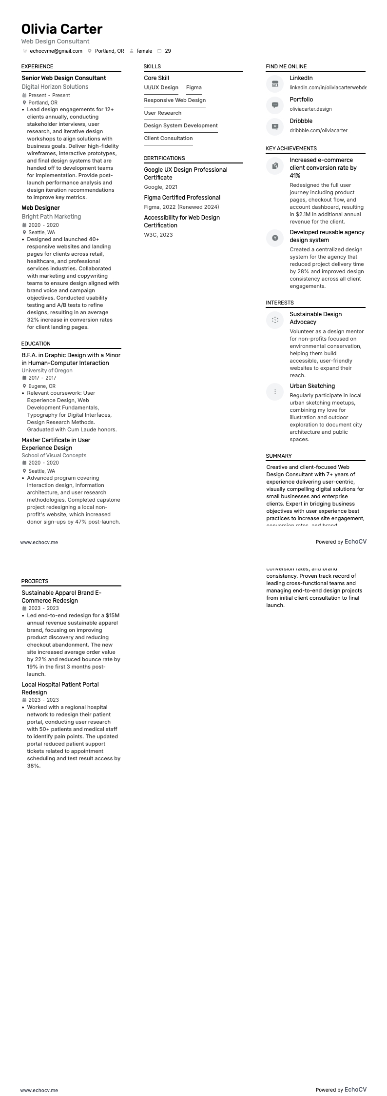 Consultor de Diseño Web example resume