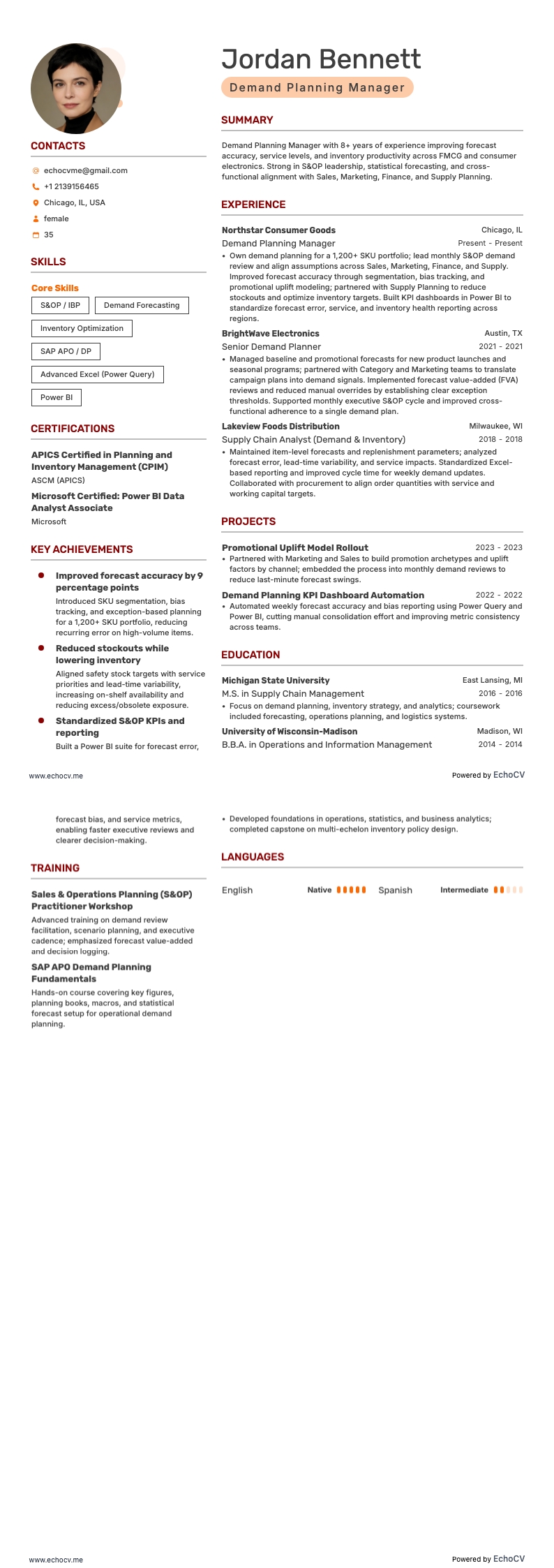 Demand Planning Manager example resume