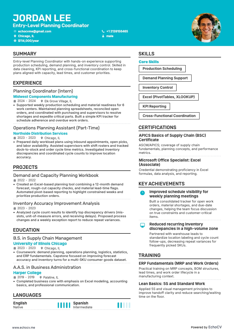 Entry-Level Planning Coordinator example resume