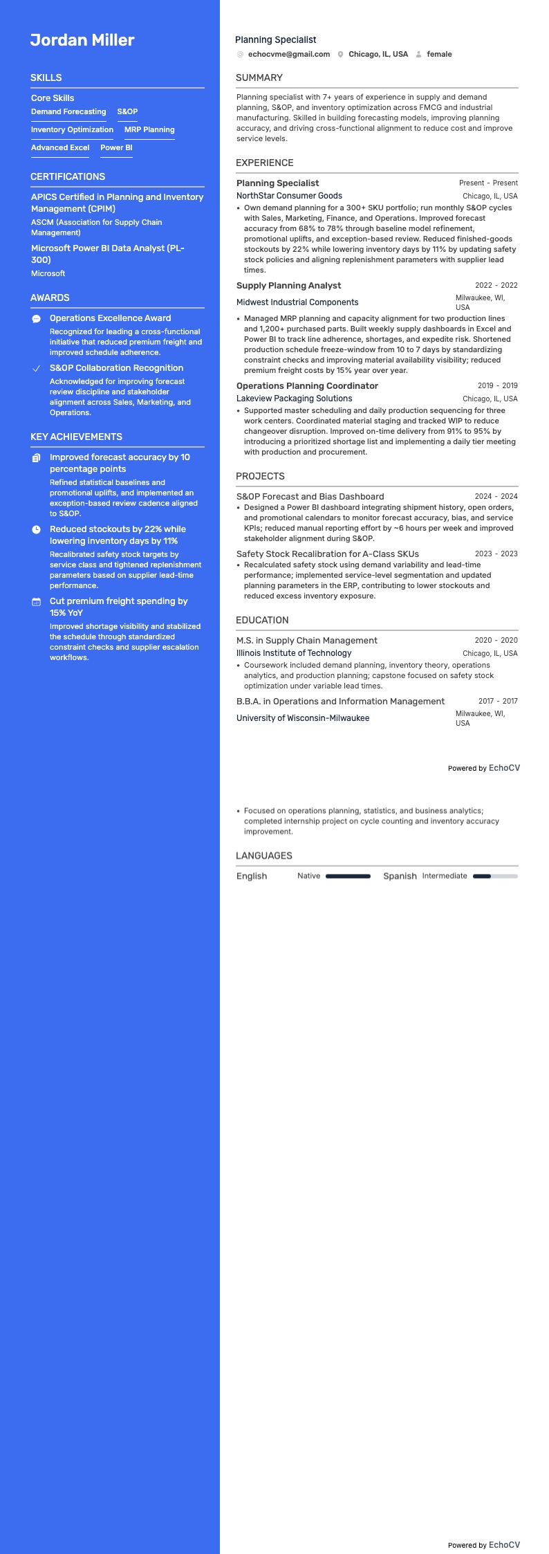 Planning Specialist example resume