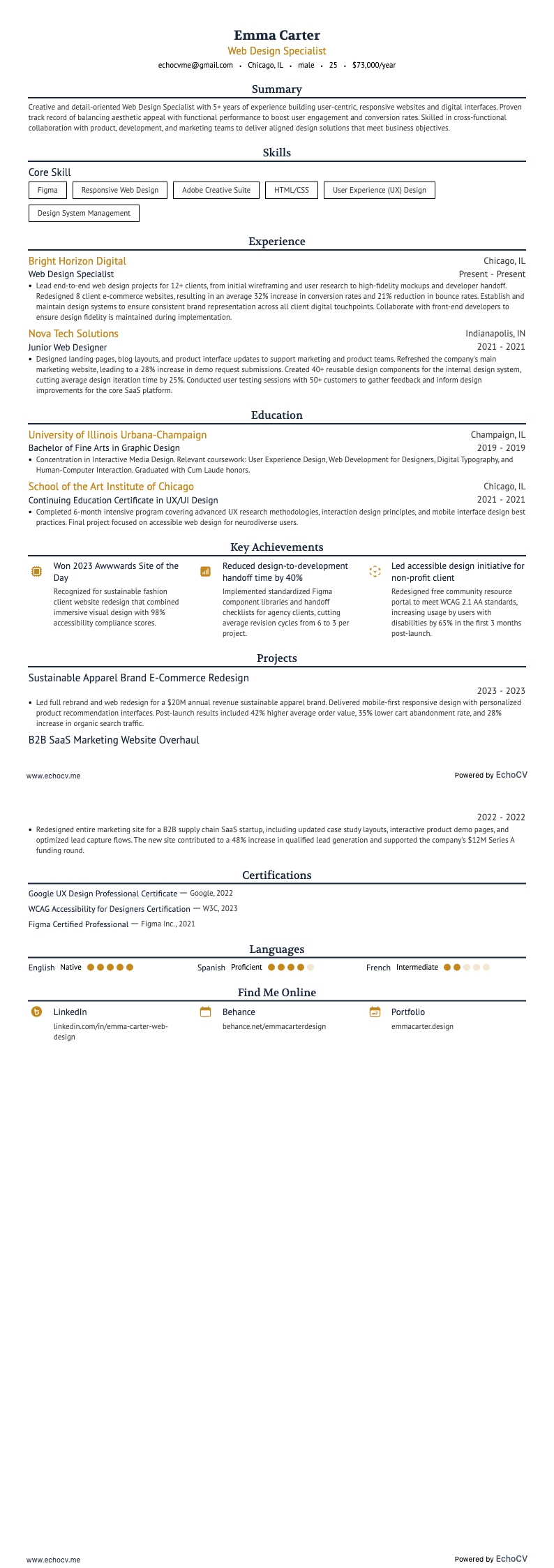 Especialista en diseño web example resume