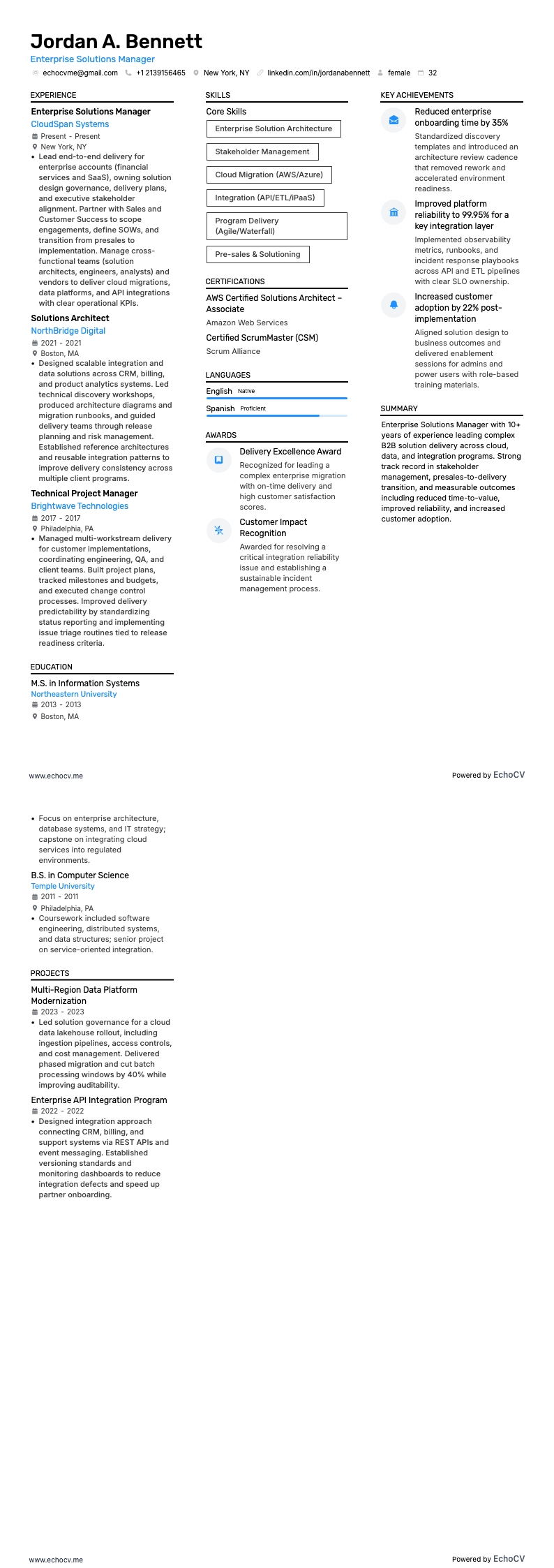 Enterprise Solutions Manager example resume